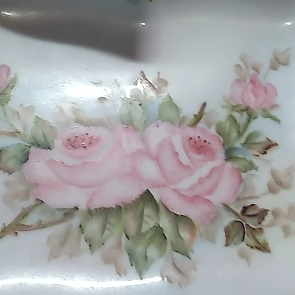 Vintage Limoges Porcelain trinket tray hand painted signed 1960 ponk floral rose